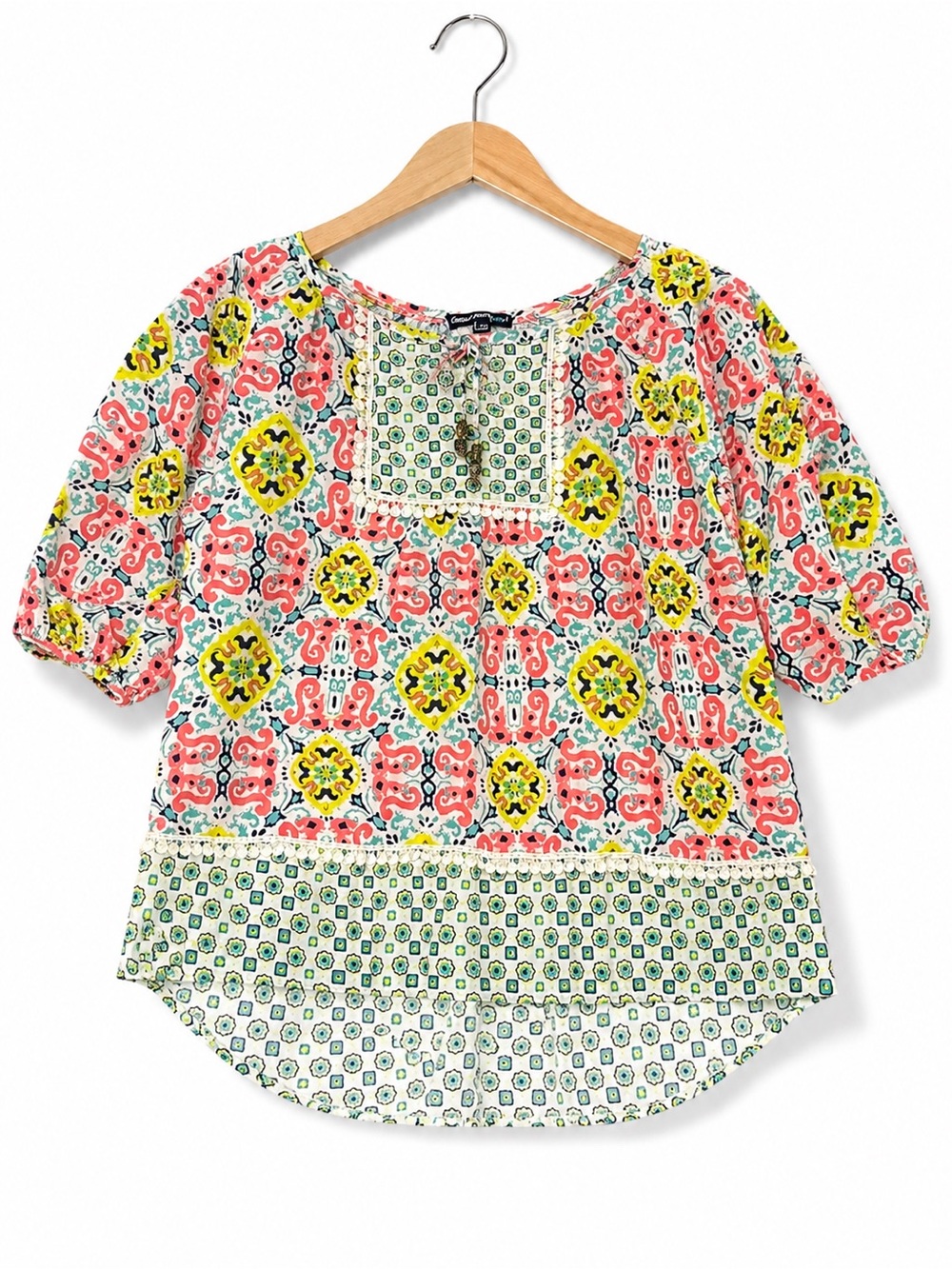 Sequin Hearts Girls Boho Mixed Print Pom Pom Tassel Blouse Multicolor Large